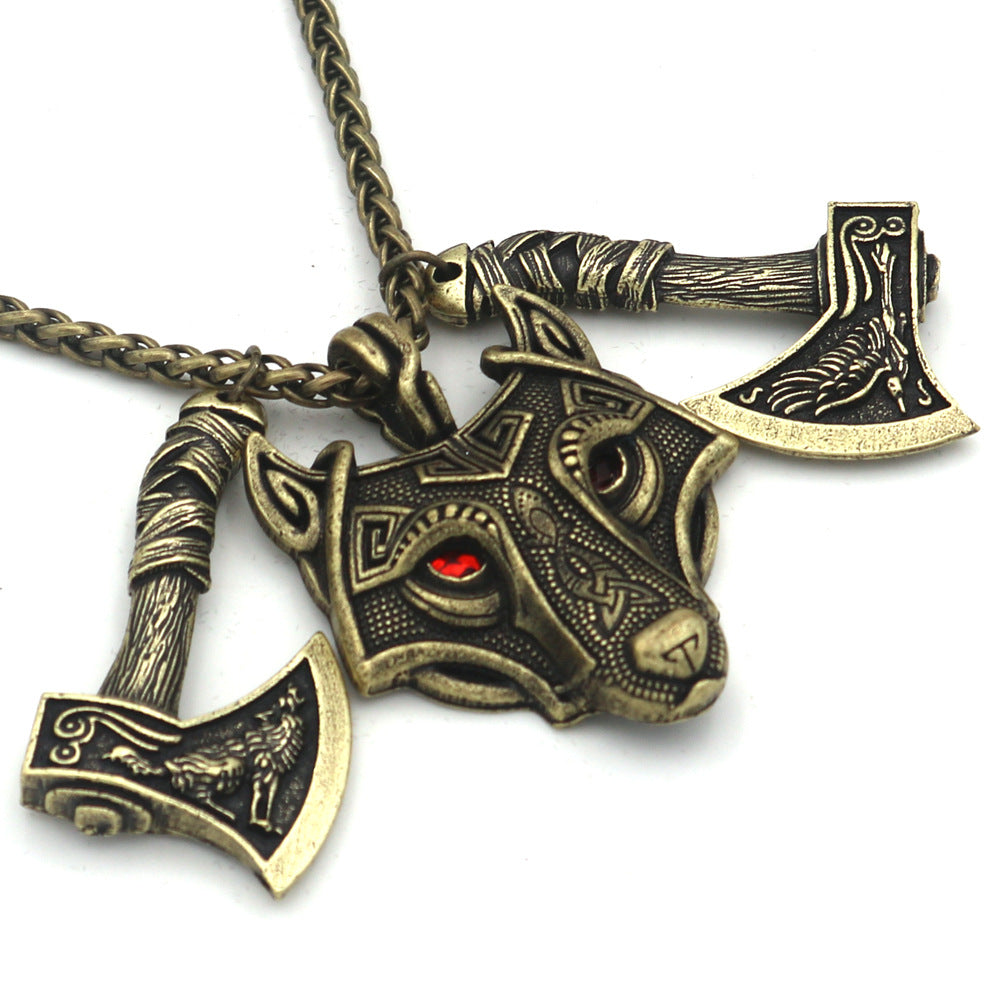 Norse Legacy Wolf Head and Axe Necklace - Metal Viking Pendant for Men