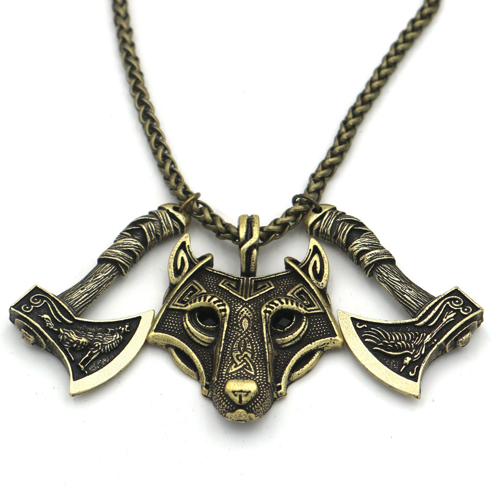 Norse Legacy Wolf Head and Axe Necklace - Metal Viking Pendant for Men