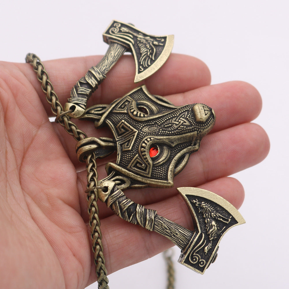 Norse Legacy Wolf Head and Axe Necklace - Metal Viking Pendant for Men