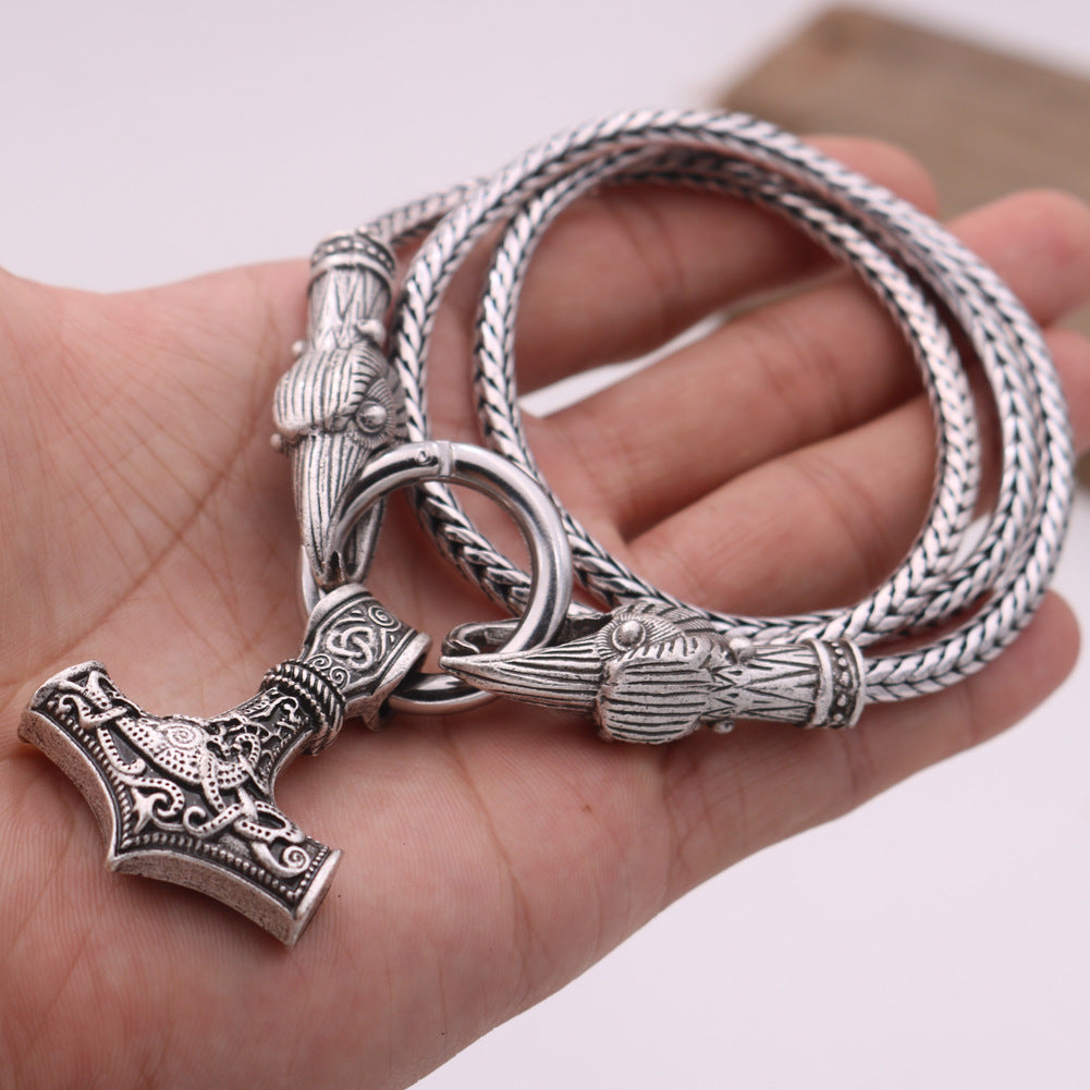 Viking Thor Hammer Necklace with Wolf Head Design