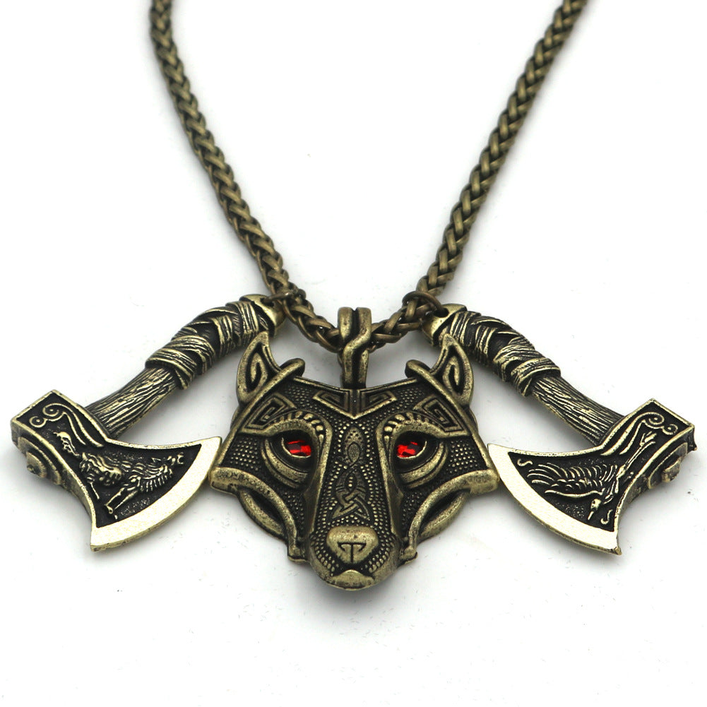 Norse Legacy Wolf Head and Axe Necklace - Metal Viking Pendant for Men