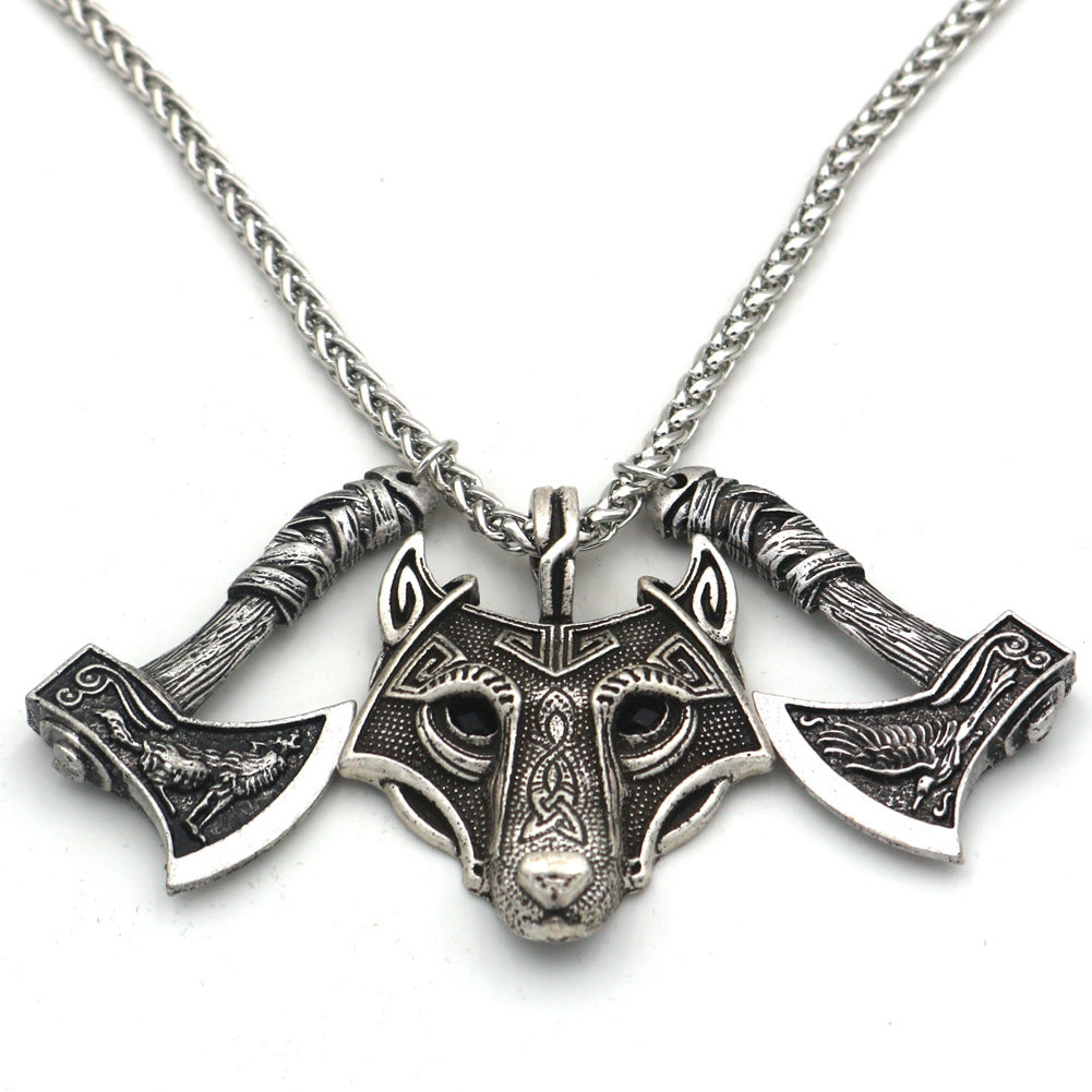 Norse Legacy Wolf Head and Axe Necklace - Metal Viking Pendant for Men