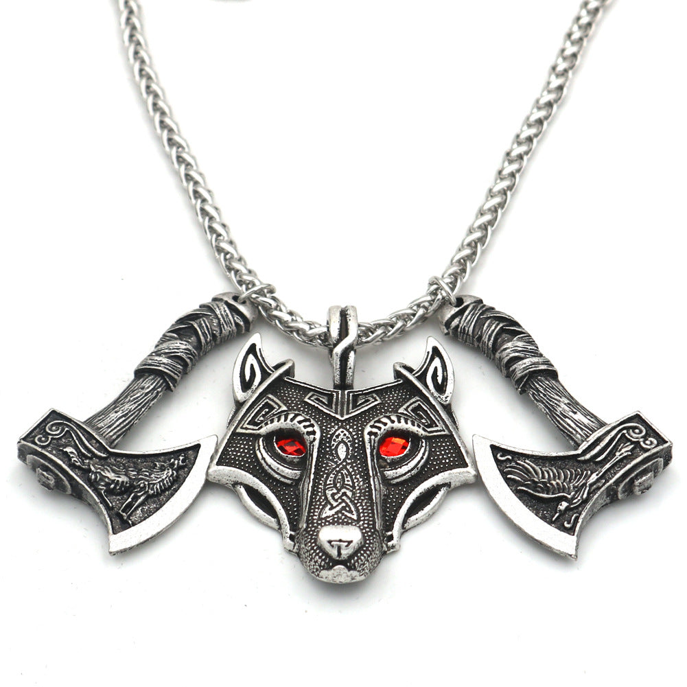 Norse Legacy Wolf Head and Axe Necklace - Metal Viking Pendant for Men