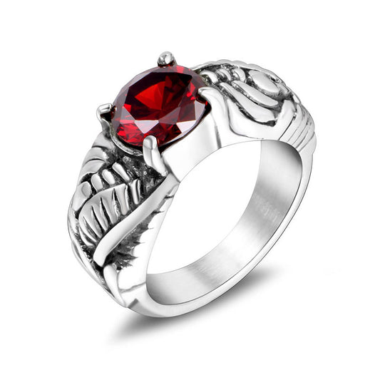 Korean Personalized Wing Ring for Men - Retro Red Zircon Titanium Steel Design