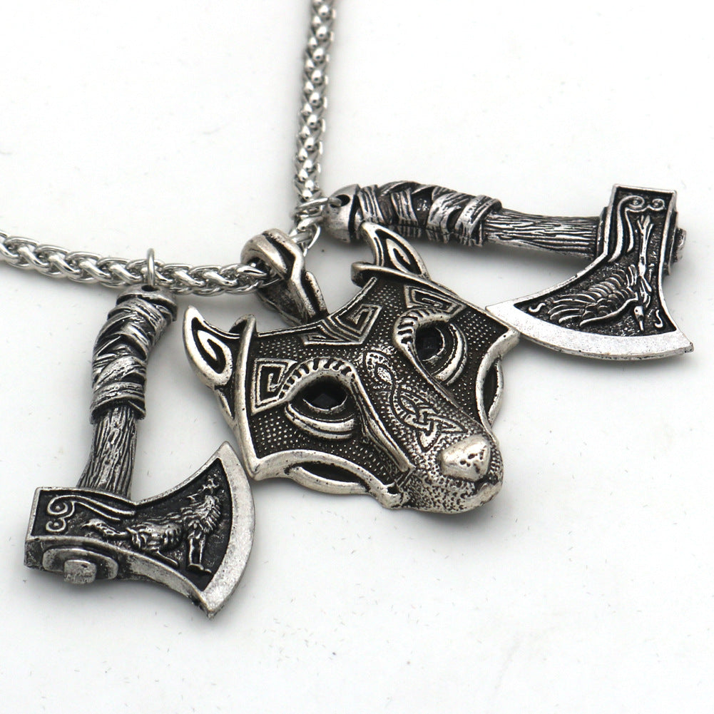 Norse Legacy Wolf Head and Axe Necklace - Metal Viking Pendant for Men