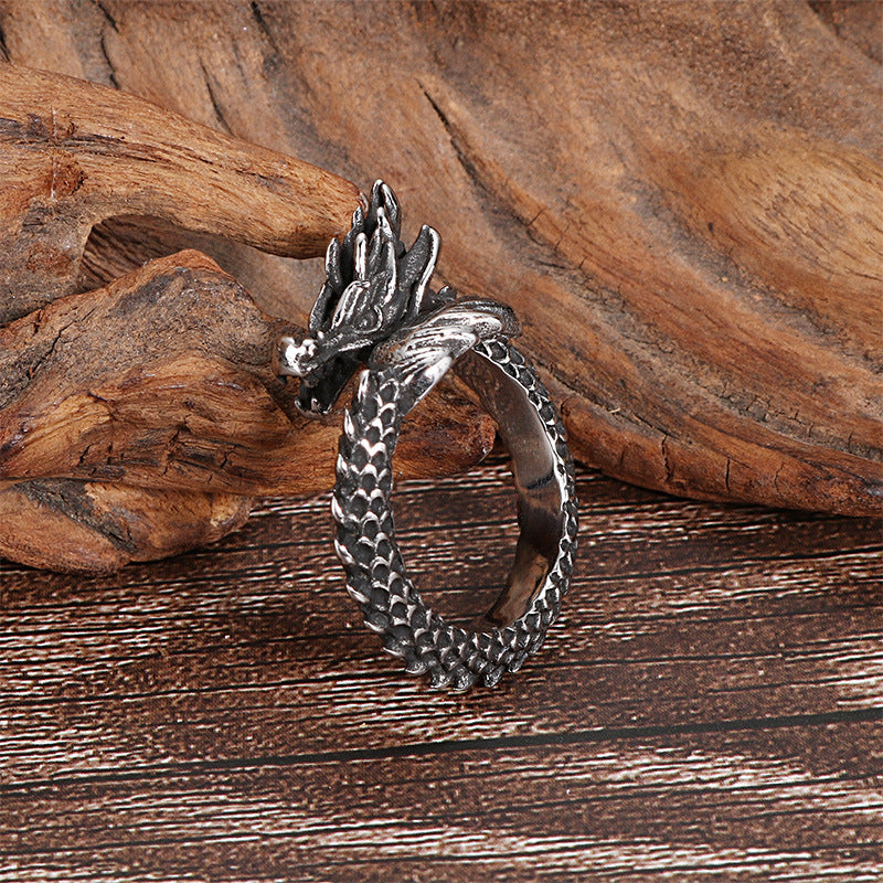 Vintage Ethnic Dragon Design Men's Stainless Steel Open Ring - Wholesale European American Style