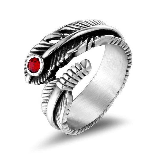 Titanium Steel Gothic Feather Ring for Men with Zircon Accents, Retro Cross-Border Jewelry