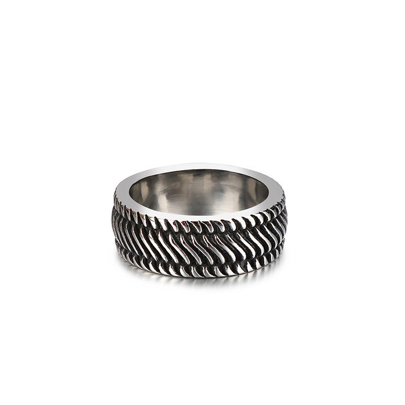 Custom Retro-Inspired Titanium Steel Wheel Pattern Ring for Men - Silver and Black Stainless Steel Locomotive Design