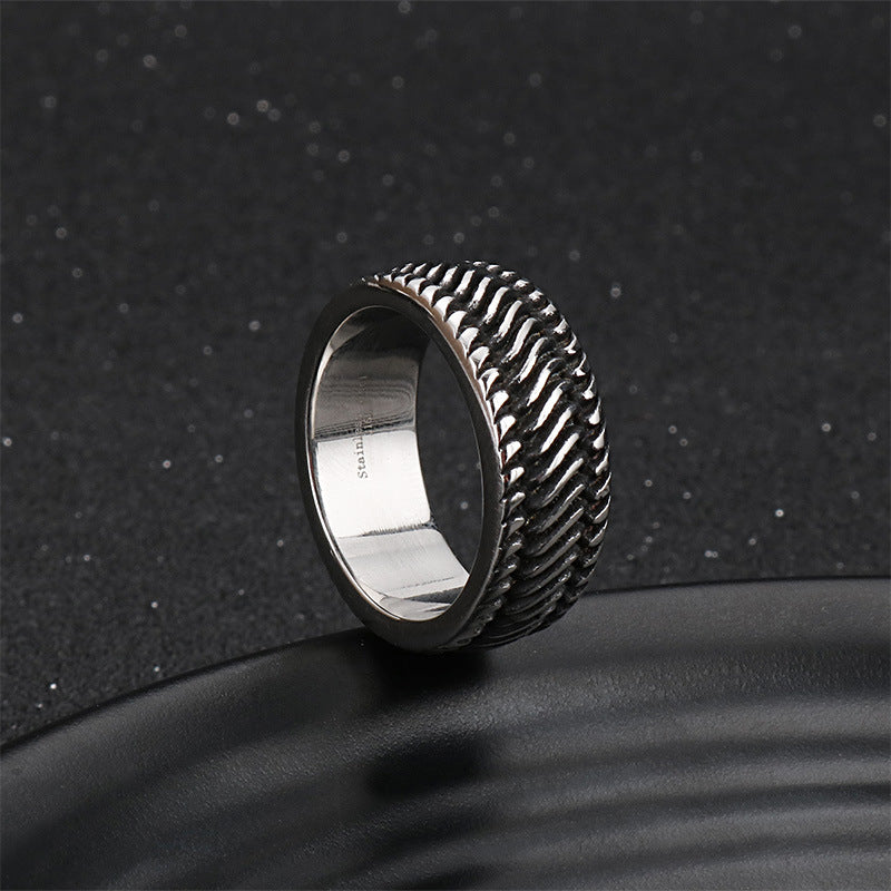 Custom Retro-Inspired Titanium Steel Wheel Pattern Ring for Men - Silver and Black Stainless Steel Locomotive Design