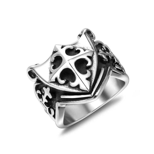 Titanium Steel Military Shield Ring for Men - European and American Cross Pattern Fashion Accessory