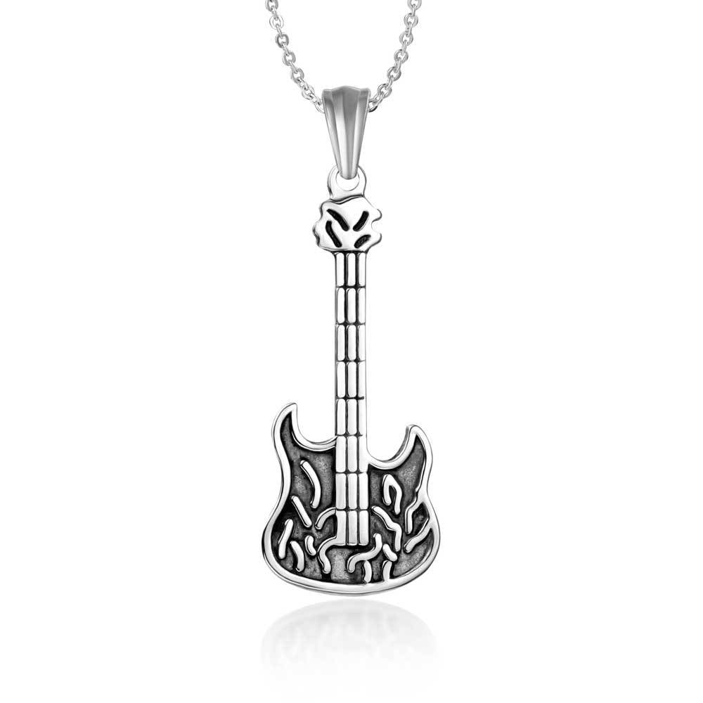 Trendy Titanium Steel Guitar Pendant Necklace for Stylish Men - Fashionable Jewelry for Music Enthusiasts