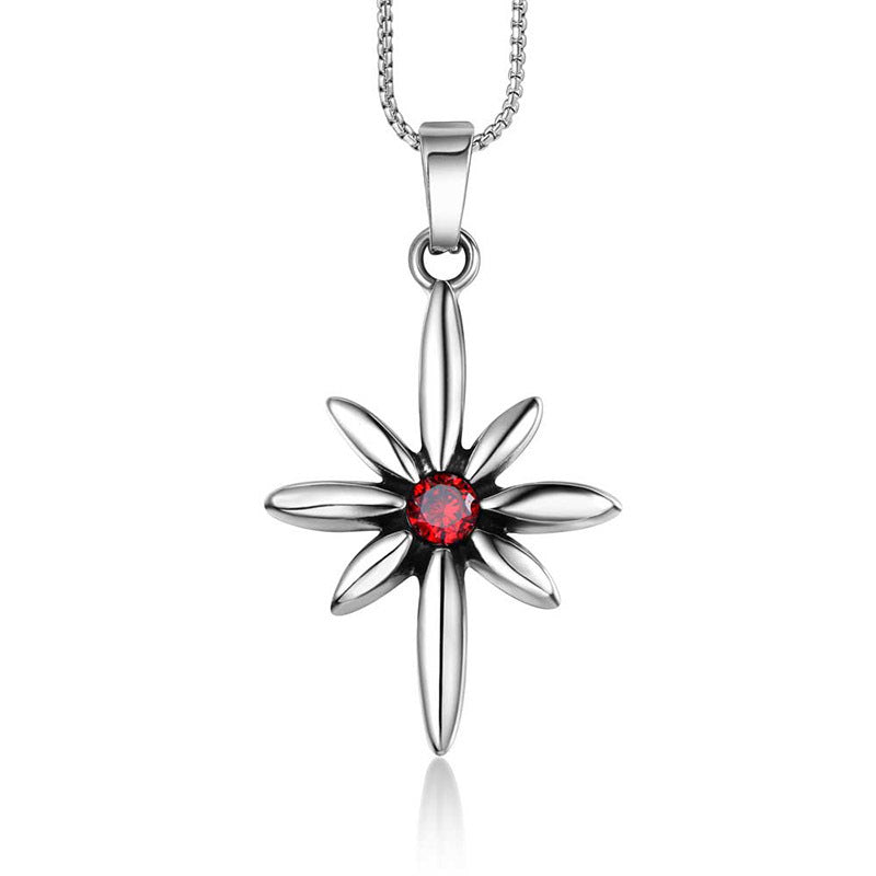 Hipster Star Flower Necklace with Red Zircon Pendant in Titanium Steel - Men's Punk Jewelry