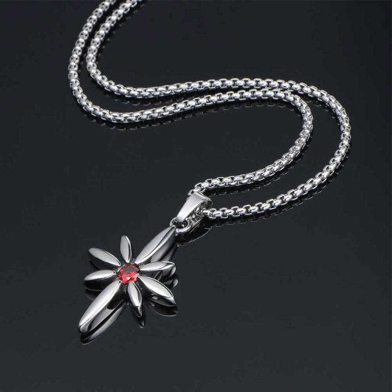 Hipster Star Flower Necklace with Red Zircon Pendant in Titanium Steel - Men's Punk Jewelry