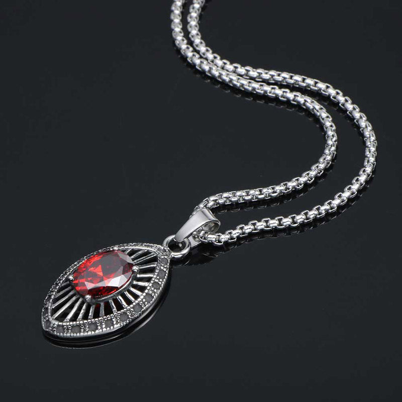 Titanium Steel Water Drop Red Zircon Pendant Necklace for Men - European and American Fashion Style