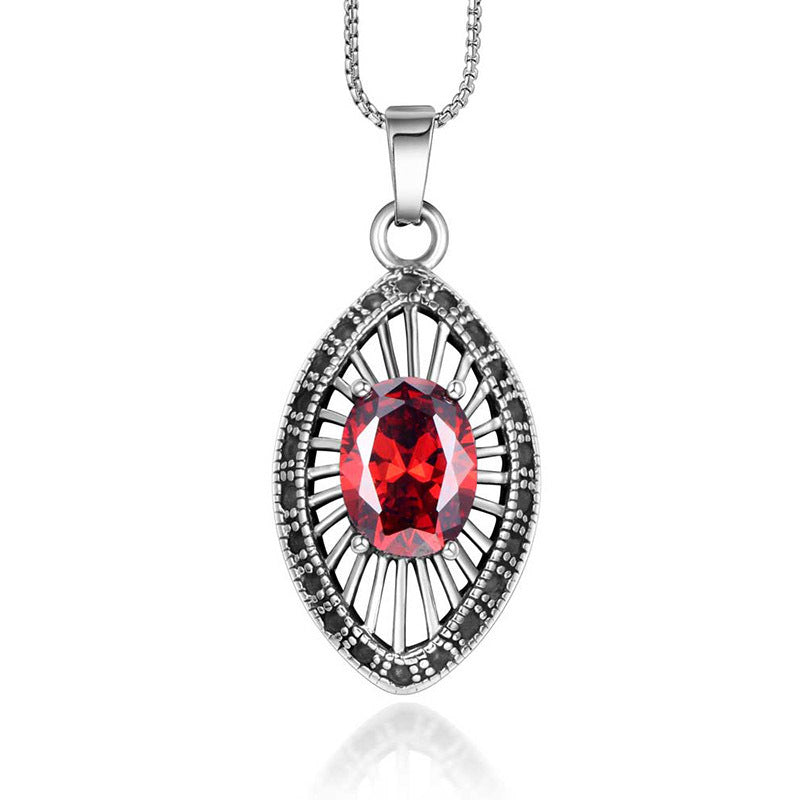 Titanium Steel Water Drop Red Zircon Pendant Necklace for Men - European and American Fashion Style