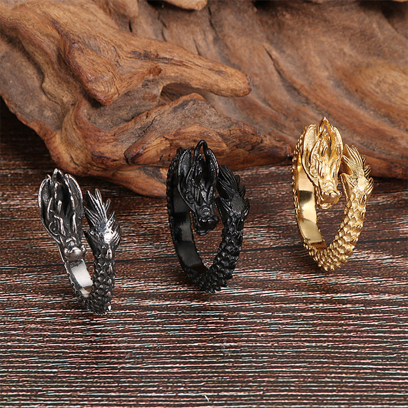 Vintage Ethnic Dragon Design Men's Stainless Steel Open Ring - Wholesale European American Style