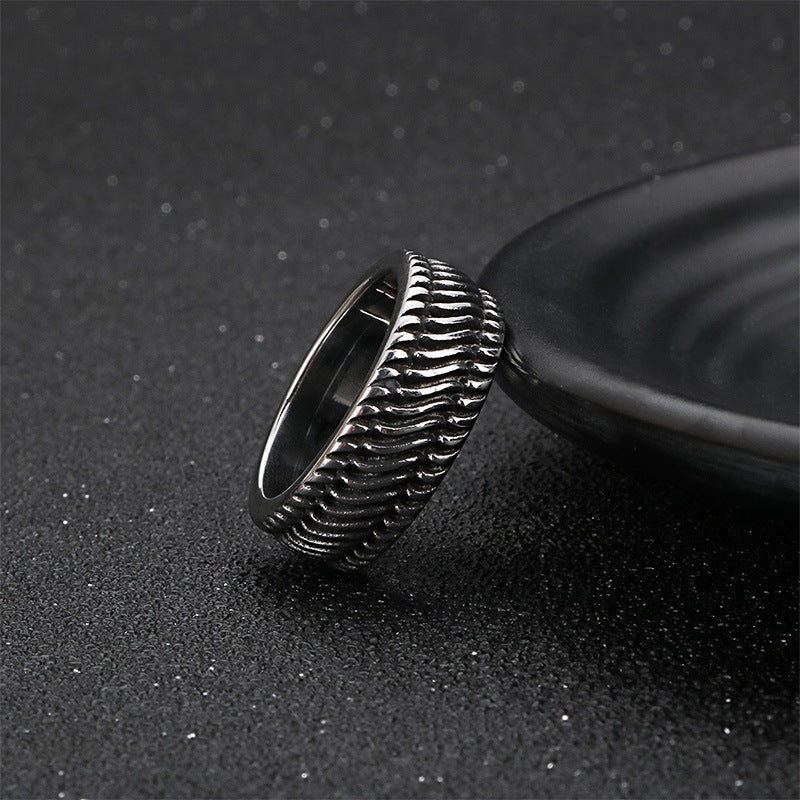 Custom Retro-Inspired Titanium Steel Wheel Pattern Ring for Men - Silver and Black Stainless Steel Locomotive Design