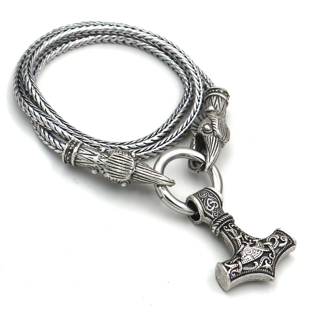 Viking Thor Hammer Necklace with Wolf Head Design