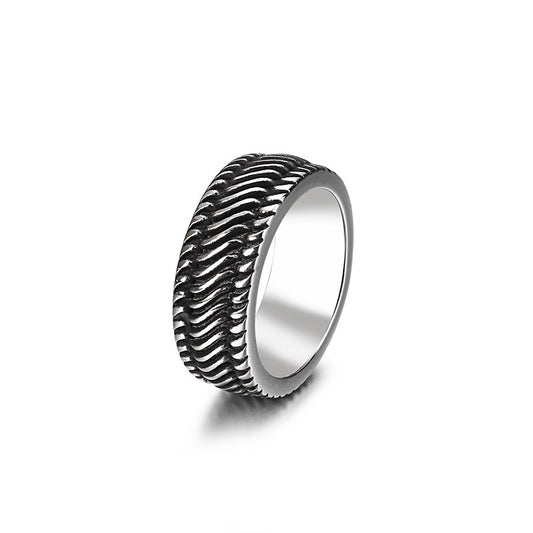 Custom Retro-Inspired Titanium Steel Wheel Pattern Ring for Men - Silver and Black Stainless Steel Locomotive Design