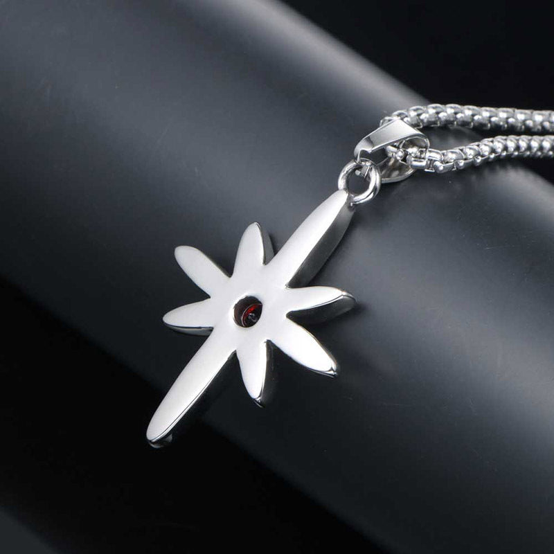 Hipster Star Flower Necklace with Red Zircon Pendant in Titanium Steel - Men's Punk Jewelry