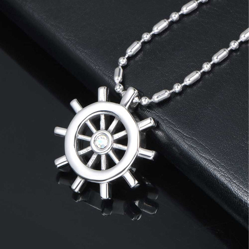 Navy-Inspired Men's Titanium Steel Rudder Pendant Necklace with Zircon Accents