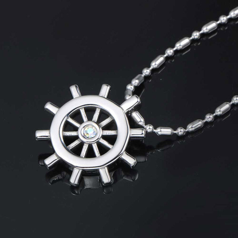 Navy-Inspired Men's Titanium Steel Rudder Pendant Necklace with Zircon Accents