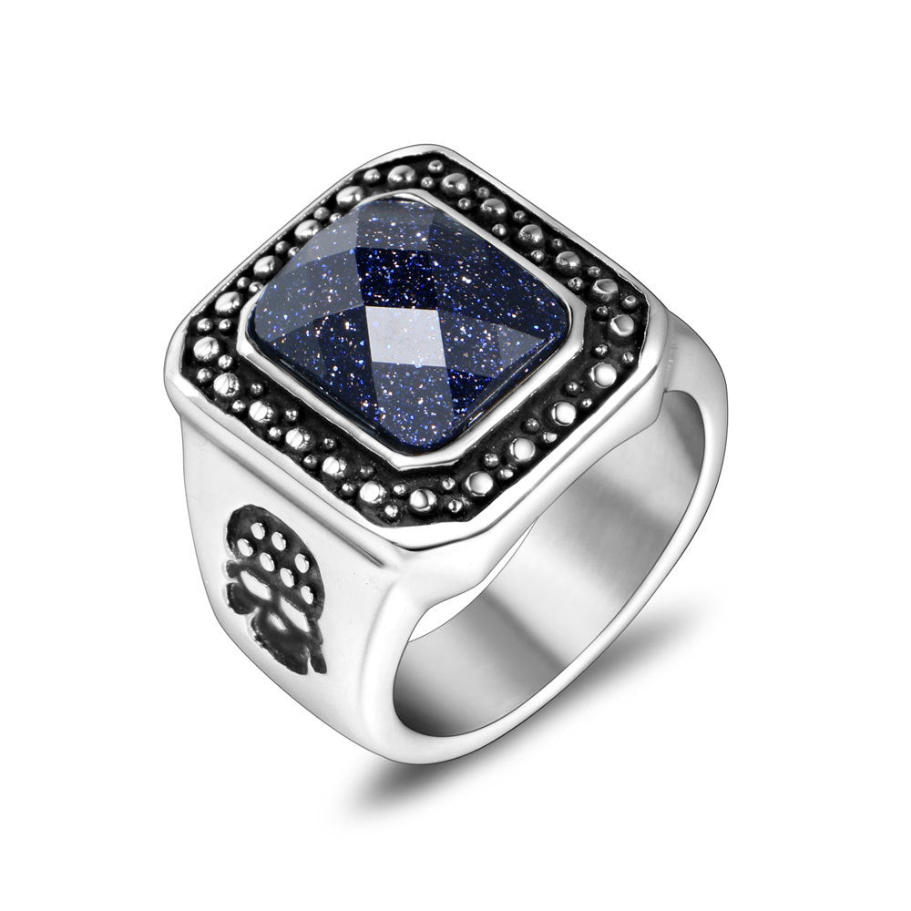 Vintage-Inspired Blue Sandstone Men's Ring - Elegant Rock Jewelry for Fashion-Forward Men