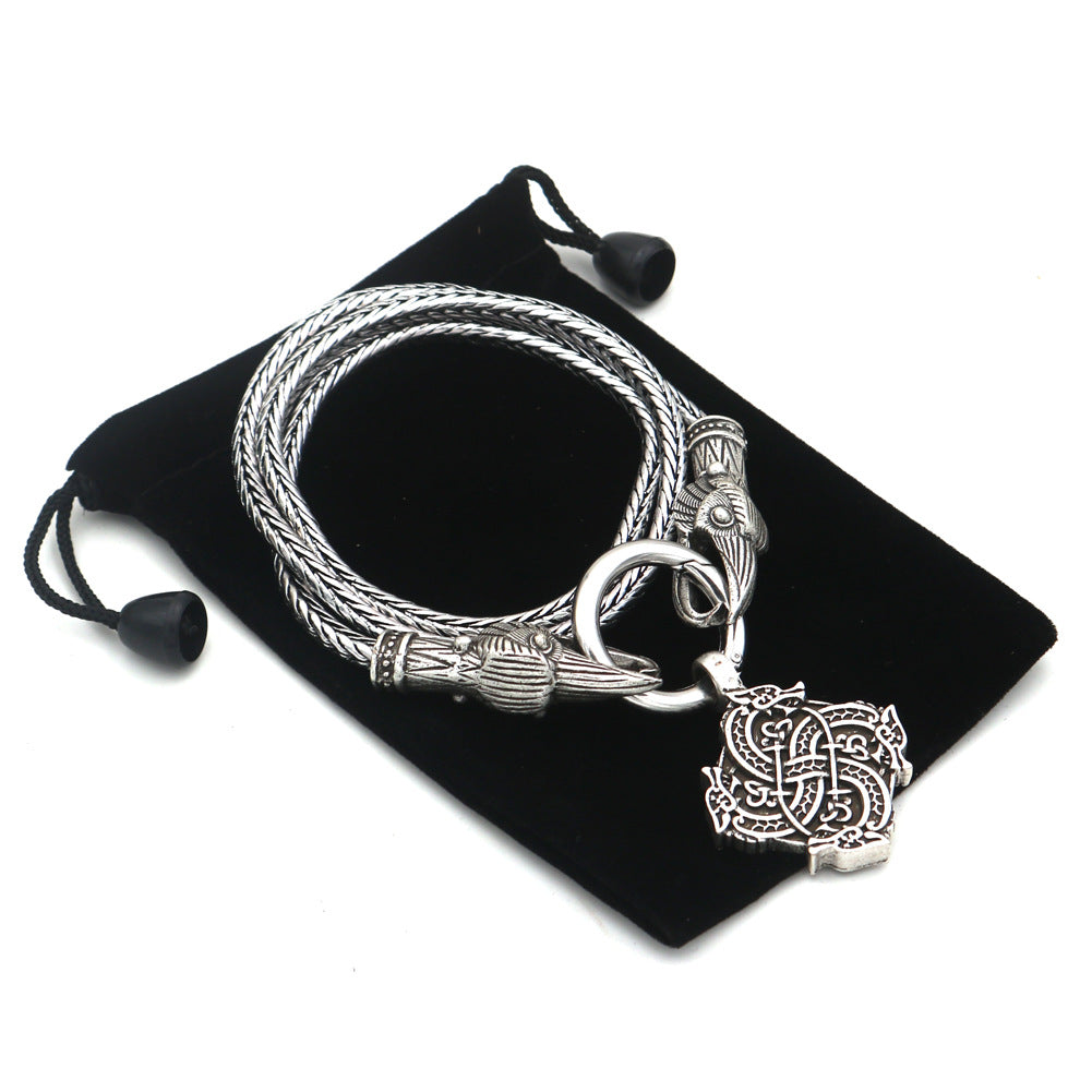 Viking Wolf Head Necklace with Odin Amulet - Men's European and American Jewelry