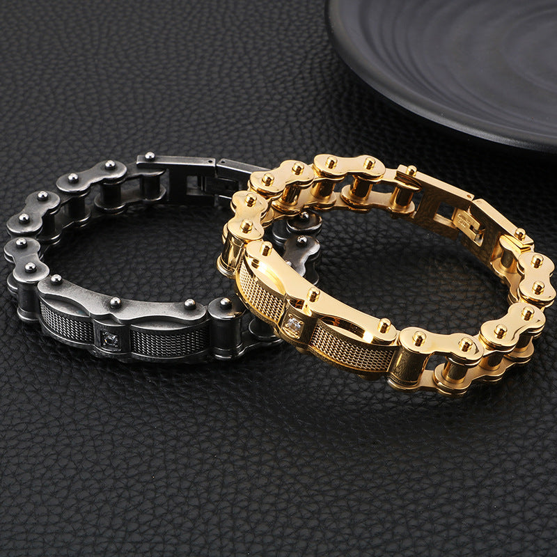 Men's Titanium Steel Bracelet with Zircon-Studded Locomotive Chains - Bold Creative Jewelry