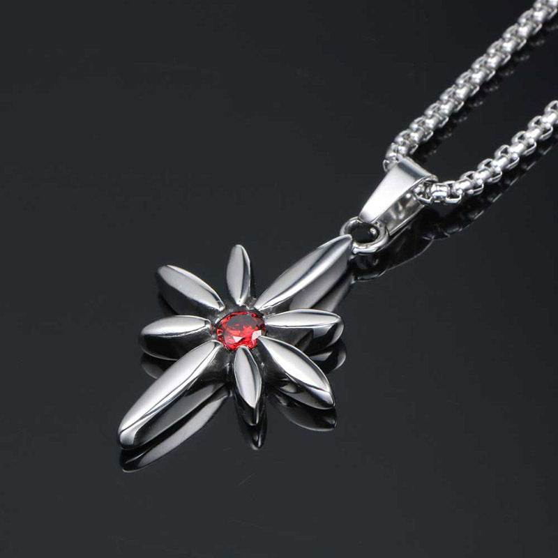 Hipster Star Flower Necklace with Red Zircon Pendant in Titanium Steel - Men's Punk Jewelry