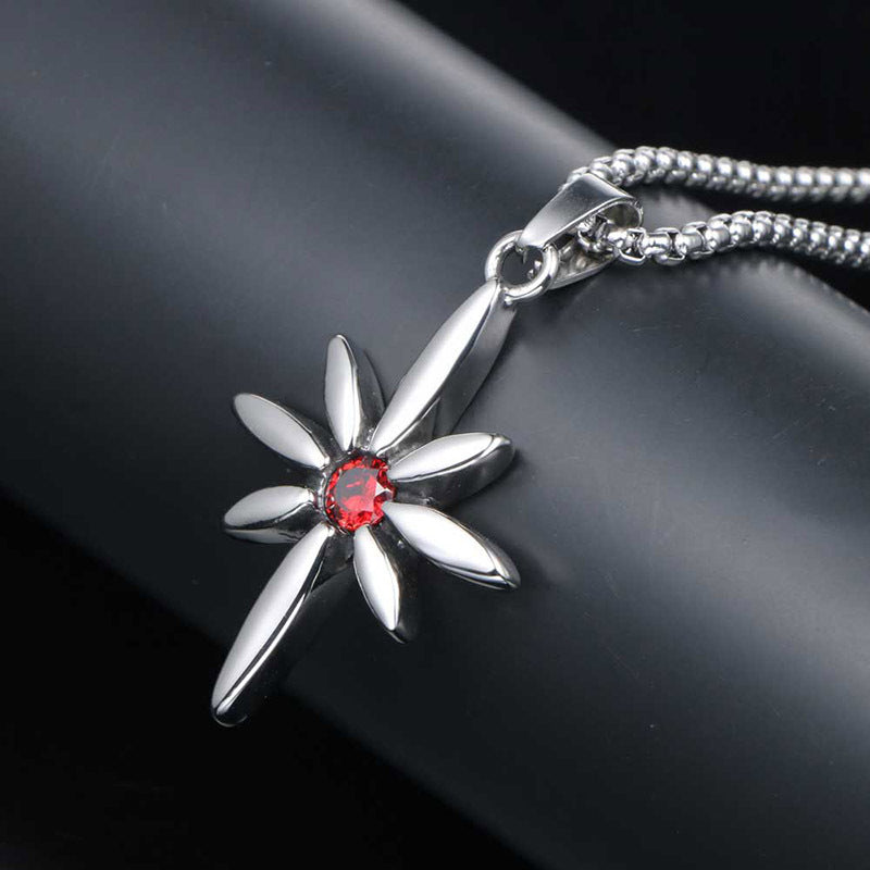 Hipster Star Flower Necklace with Red Zircon Pendant in Titanium Steel - Men's Punk Jewelry