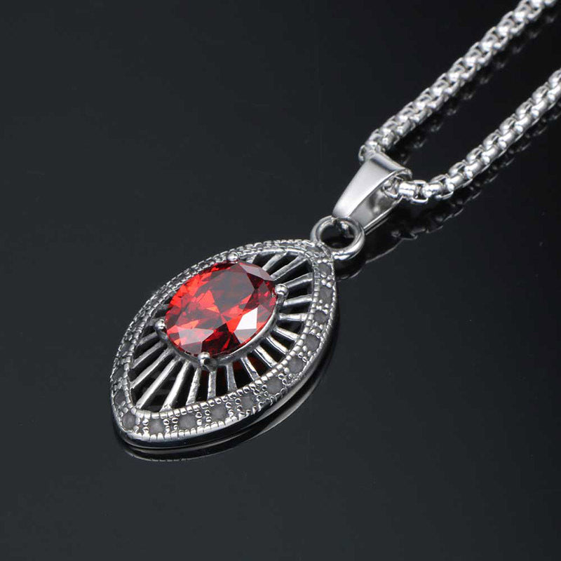 Titanium Steel Water Drop Red Zircon Pendant Necklace for Men - European and American Fashion Style