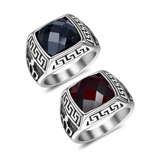 Korean-Inspired Blue Sandstone and Red Pomegranate Couple Rings - Personalized Titanium Steel Jewelry for Men