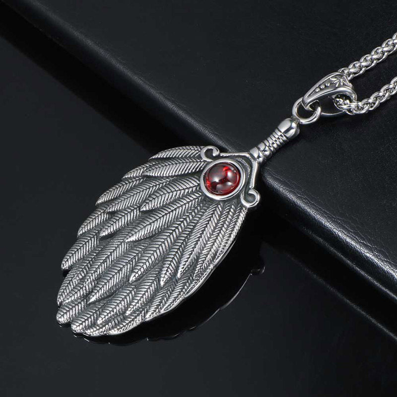 Oversized Feather Fan Pendant Necklace Inspired by Zhuge Liang from the Three Kingdoms with Red Stone Accent for Men