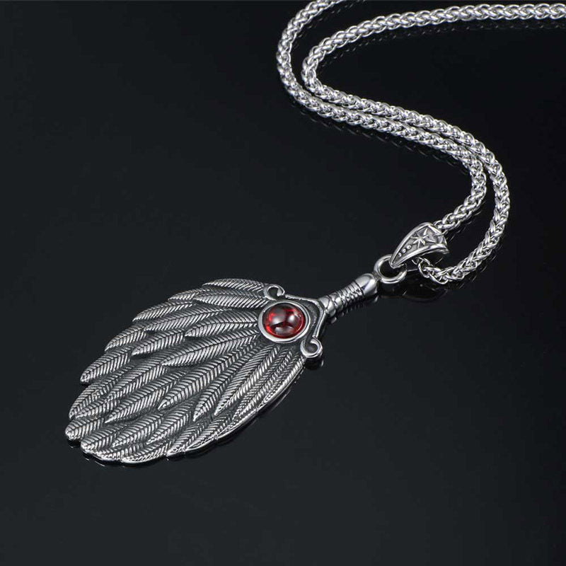 Oversized Feather Fan Pendant Necklace Inspired by Zhuge Liang from the Three Kingdoms with Red Stone Accent for Men