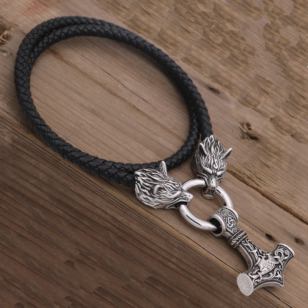 Viking Pirate Wolf Head Necklace with Thor Hammer Pendant - Men's Nordic Myth Jewelry