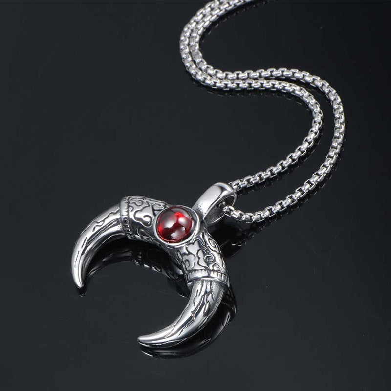 Mayan Horn Pendant Necklace for Men with Red Stone and Titanium Steel Design