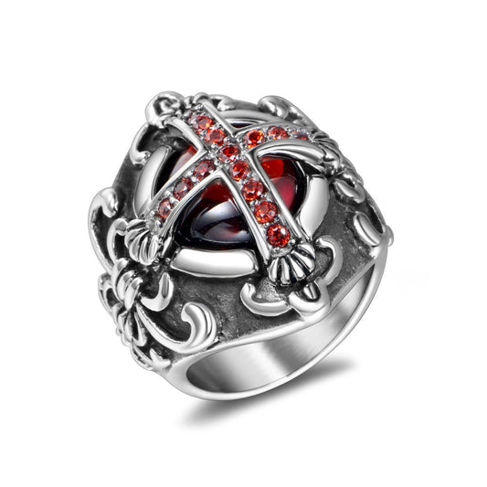 Gothic Crown Ring for Men with Dominant Red Zircon in Titanium Steel