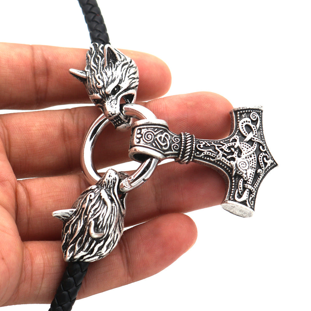 Viking Pirate Wolf Head Necklace with Thor Hammer Pendant - Men's Nordic Myth Jewelry