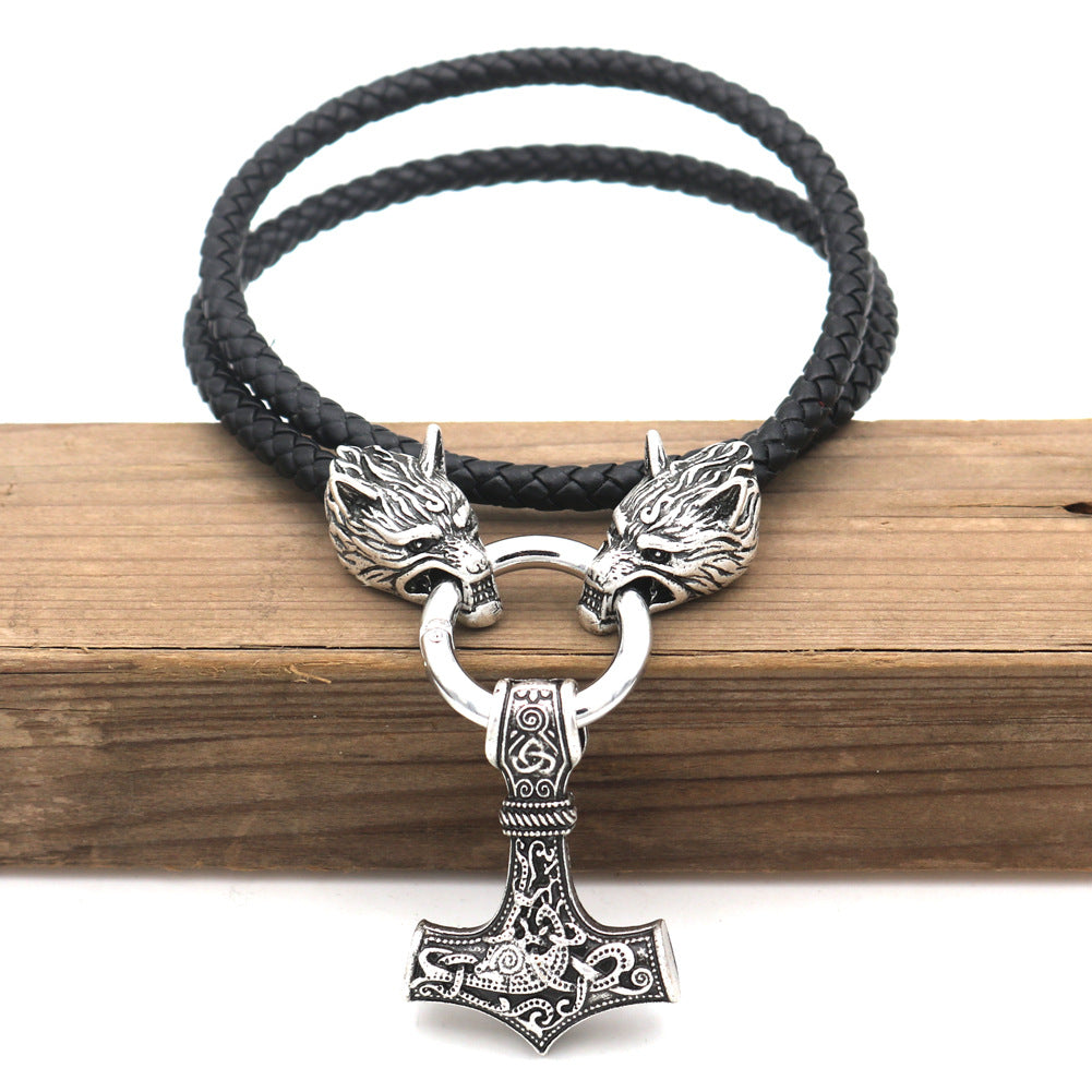 Viking Pirate Wolf Head Necklace with Thor Hammer Pendant - Men's Nordic Myth Jewelry