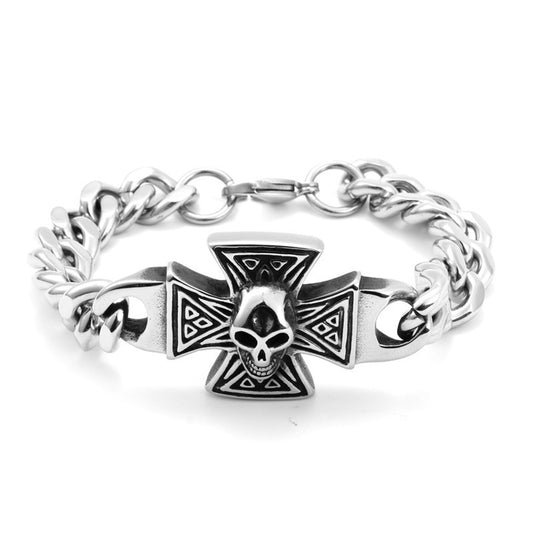 Men's Bold Titanium Steel Skull Bracelet with Cross Motif