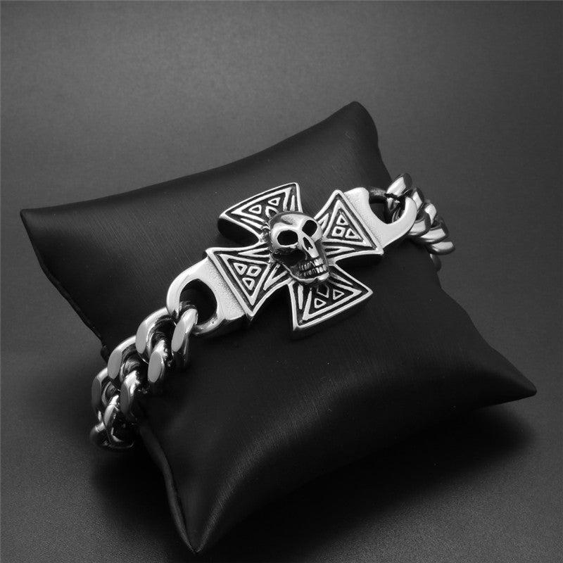 Men's Bold Titanium Steel Skull Bracelet with Cross Motif