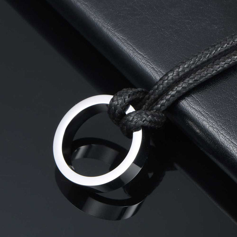 Customizable Punk Leather Rope Necklace with Retro Titanium Steel Ring Pendant - Stylish Wax Rope Necklace for Men