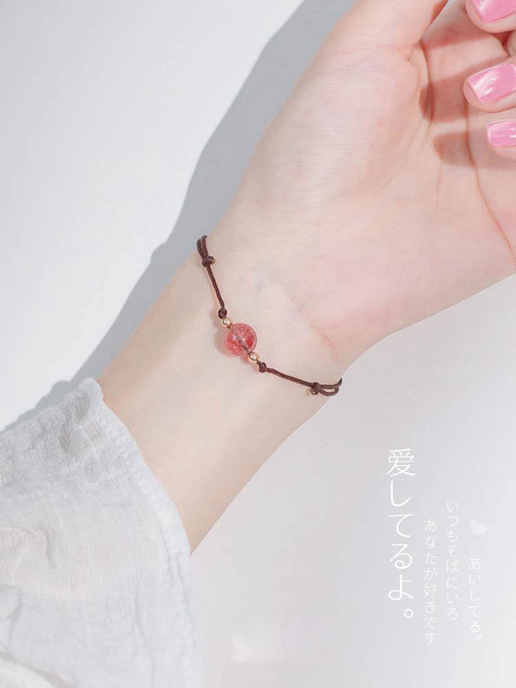 Handmade Forest Style Strawberry Crystal Bracelet for Women - Minimalist Pink Bead Bracelet