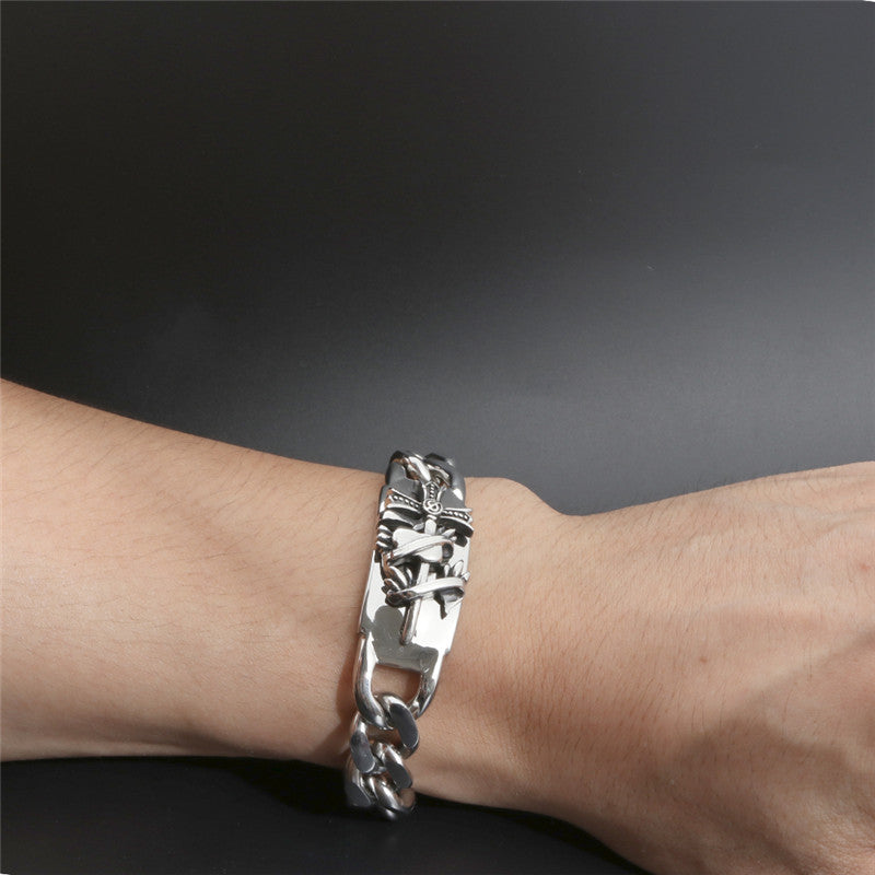 Men's Bold Titanium Steel Cross Bracelet - Edgy Wound Design for the Fearless