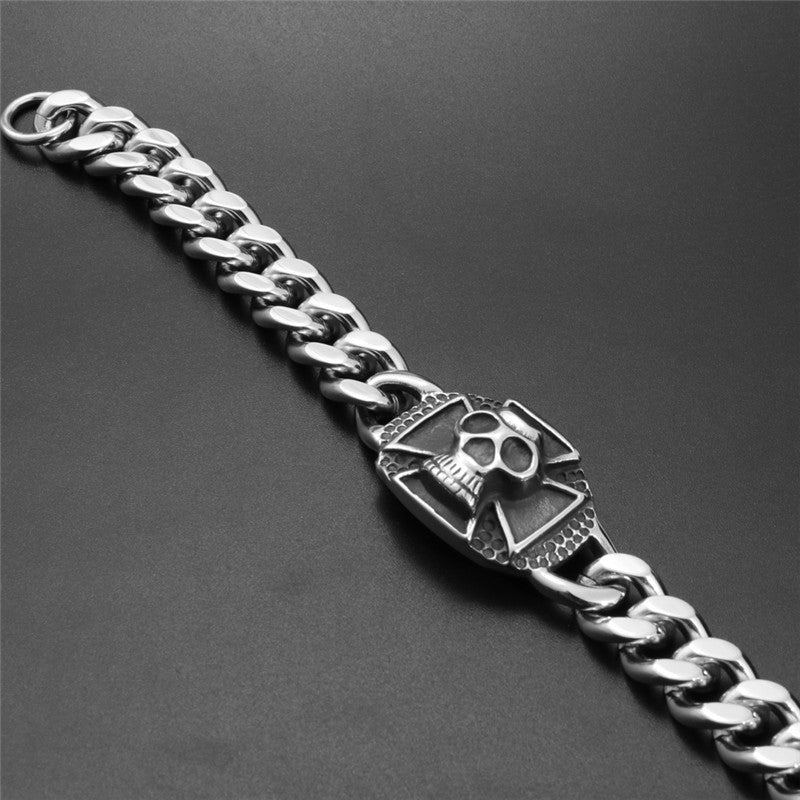 Titanium Steel Skull and Cross Bracelet for Men – Edgy Retro Handcrafted Design