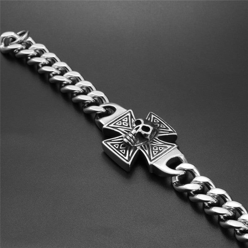 Men's Bold Titanium Steel Skull Bracelet with Cross Motif