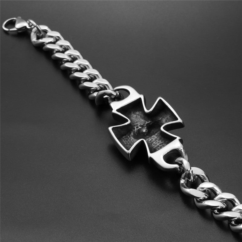 Men's Bold Titanium Steel Skull Bracelet with Cross Motif