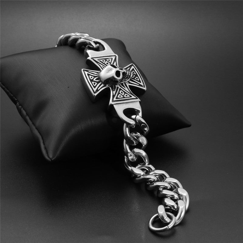 Men's Bold Titanium Steel Skull Bracelet with Cross Motif