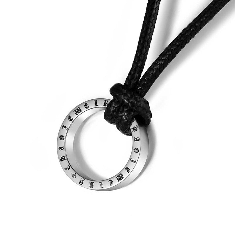 Customizable Punk Leather Rope Necklace with Retro Titanium Steel Ring Pendant - Stylish Wax Rope Necklace for Men